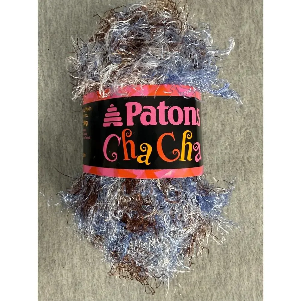 Patons Cha Cha Eyelash Fun Fur Yarn Hippie Blue Brown Lot of 2 x 50 gm Skeins